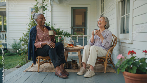 Joyful Diverse Senior Women Friends Laughing, Enjoying Tea on Home Porch