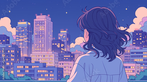 星空の下で高層ビルを見上げる女性のレトロポップなイラスト、シティポップ、都会、夜景、横顔、髪なびく、月、雲、未来感、80年代アニメ、青春、ファッション、かわいい、エモい、ノスタルジック、都市風景、ビル街、デート、ひとり時間、夢見る表情、ポスター、広告、SNS、壁紙、配信背景、音楽、ジャケット、サムネイル、挿絵、物語性、トレンド、幻想的、旅行、観光、商用利用、素材集、キービジュアル、装丁、表紙、待受