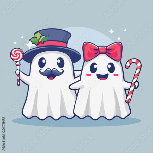 Cute Ghosts Couple with Christmas Candies