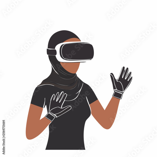 Woman wearing hijab and VR headset, interacting with virtual reality
