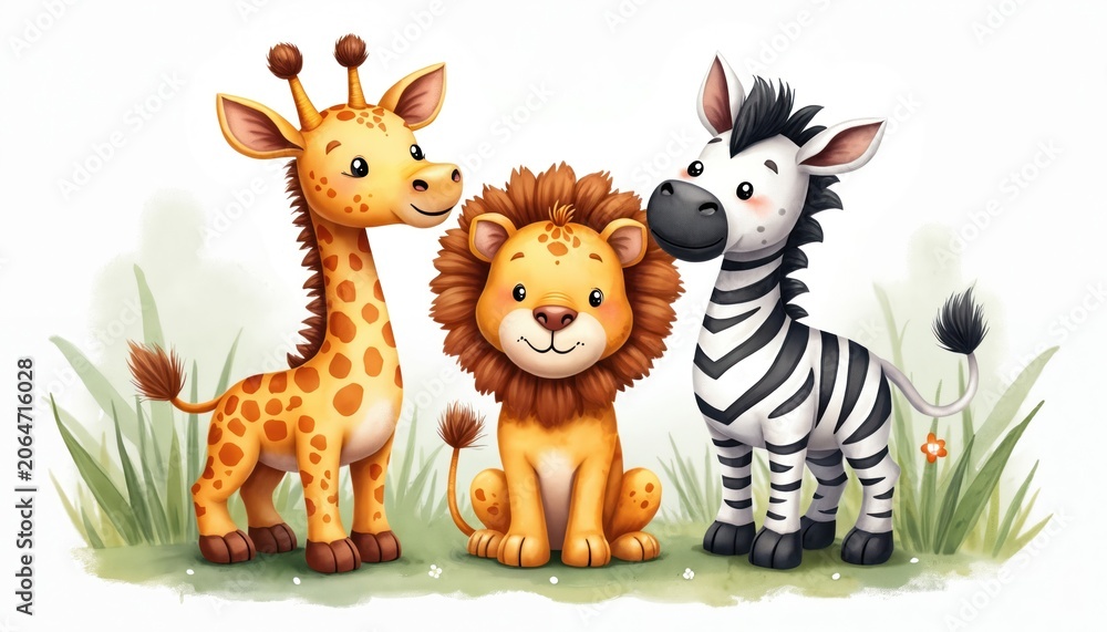 Fototapeta premium Cute watercolor illustration of a giraffe, lion, and zebra friends standing together in grassy field. Adorable jungle animals in a cartoon style, perfect for kids books and decor.