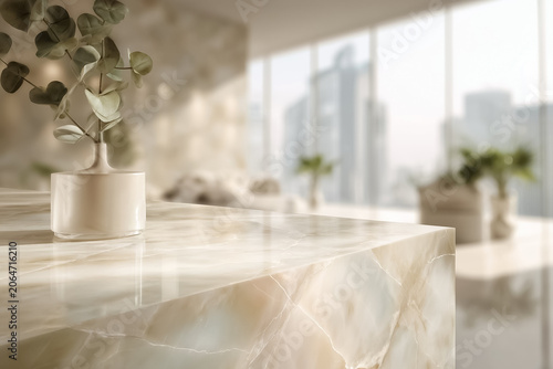 Empty marble table top product stage with eucalyptus leaf vase in luxury bright urban interior for cosmetic background