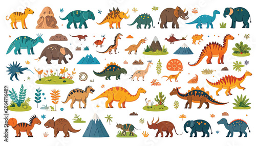 Colorful dinosaurs and prehistoric animals.