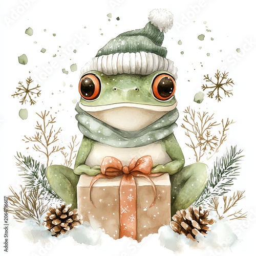 A cheerful frog wearing a hat and scarf, sitting beside a festive gift in a snowy landscape.
