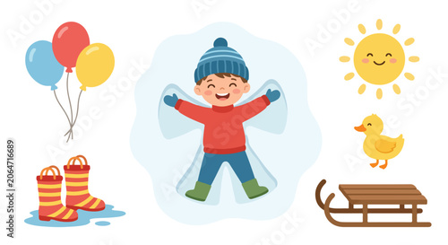 Cheerful vector illustration of a happy boy making a snow angel, with balloons, rain boots, a smiling sun, a duckling, and a wooden sled.