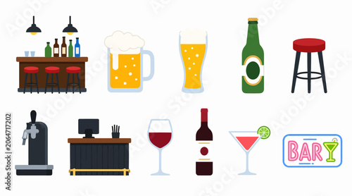 Colorful bar and restaurant icons set illustration.