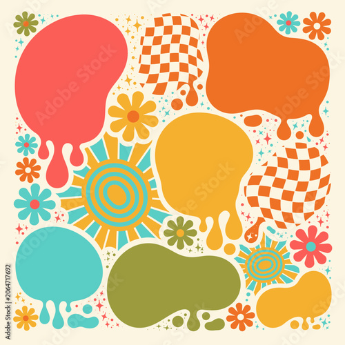 Retro psychedelic composition with colorful melting blobs, stylized flowers, and checkered shapes