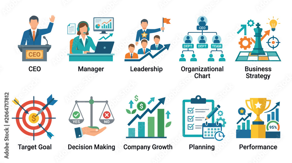 Fototapeta premium Business management and company growth icon set