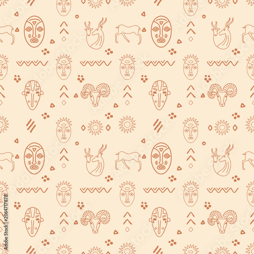 Ethnic tribal seamless pattern with stylized animal figures and traditional masks on beige backdrop