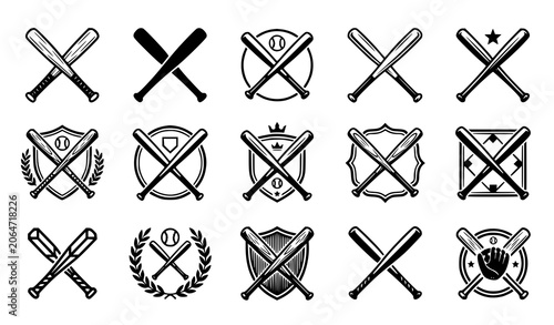 Crossed Baseball Bats Icon Set Vector Collection of Sports Logo and Silhouette Designs