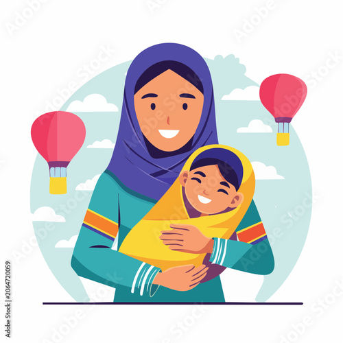 Mother Holding Baby with Hot Air Balloons in Background