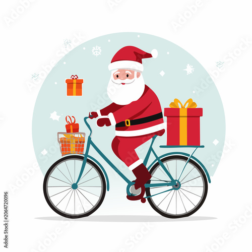 Santa Claus riding a bicycle with Christmas gifts