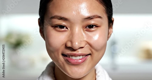 Young Asian woman with clean glowing skin smiling after spa treatment
