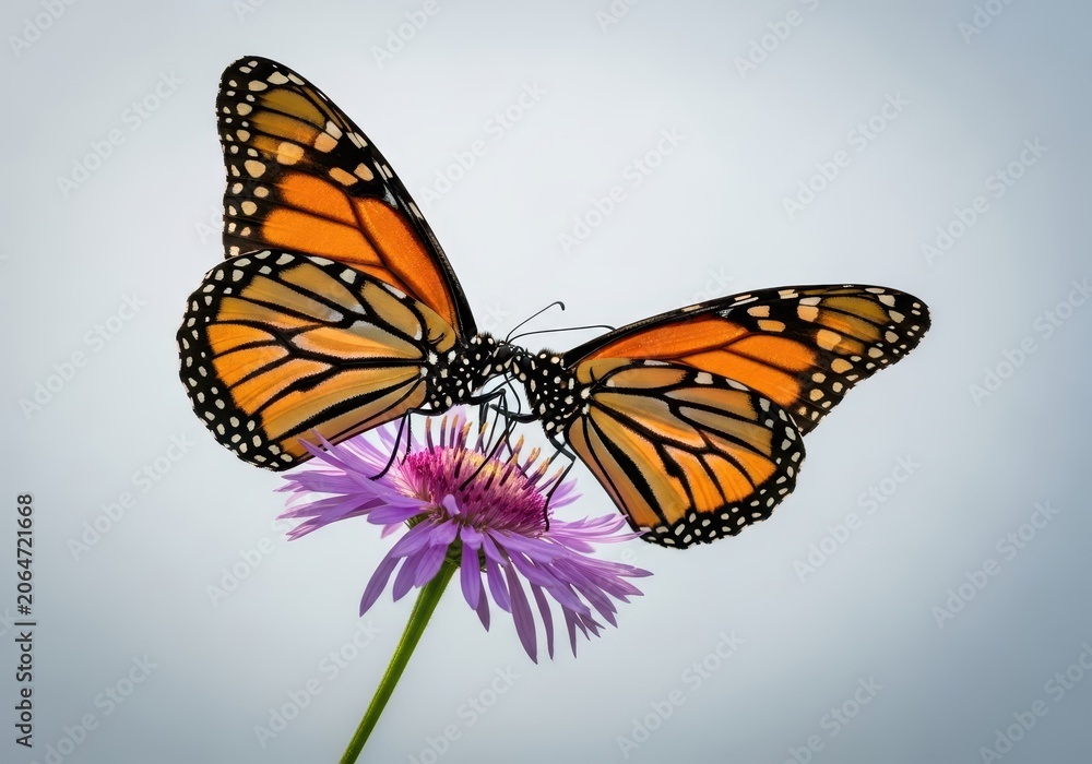 Obraz premium Striking monarch butterfly with brilliant orange wings rests gently upon a vibrant purple bloom, actively feeding on sweet nectar, purple, nature, migration