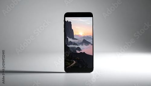Mobile Phone Displaying Scenic Landscape Of Mountains And Sunset