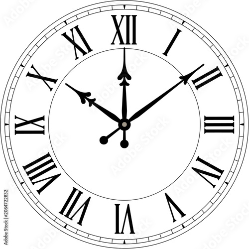 Analog clock face with Roman numerals on white background