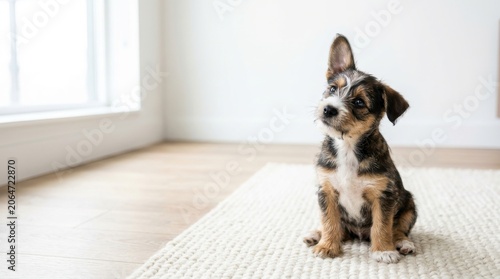 Cute mixed breed puppy sitting on a textured rug in a bright modern home, National Mutt Day celebration for pet adoption and animal rescue awareness campaigns