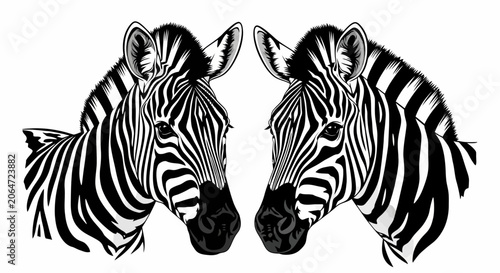 Photos Two striking zebra heads facing each other in a close-up illustration, showcasin