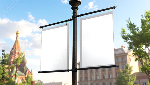 Blank Advertising Signage on Street Lamp in Urban Cityscape Background