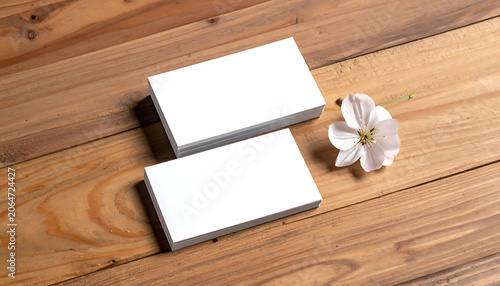 Blank Business Cards With Cherry Blossom Flower On Wooden Background