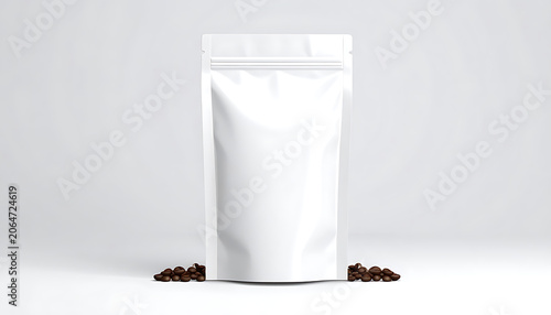 Blank White Packaging Bag with Coffee Beans on a Clean Background