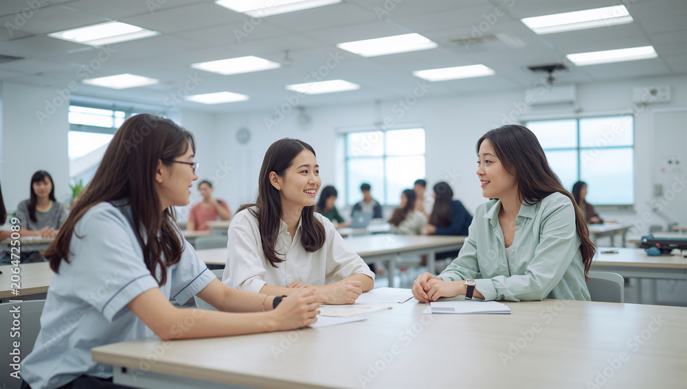 Fototapeta premium 明るい教室で日本人学生がゼミの休憩中に話す様子