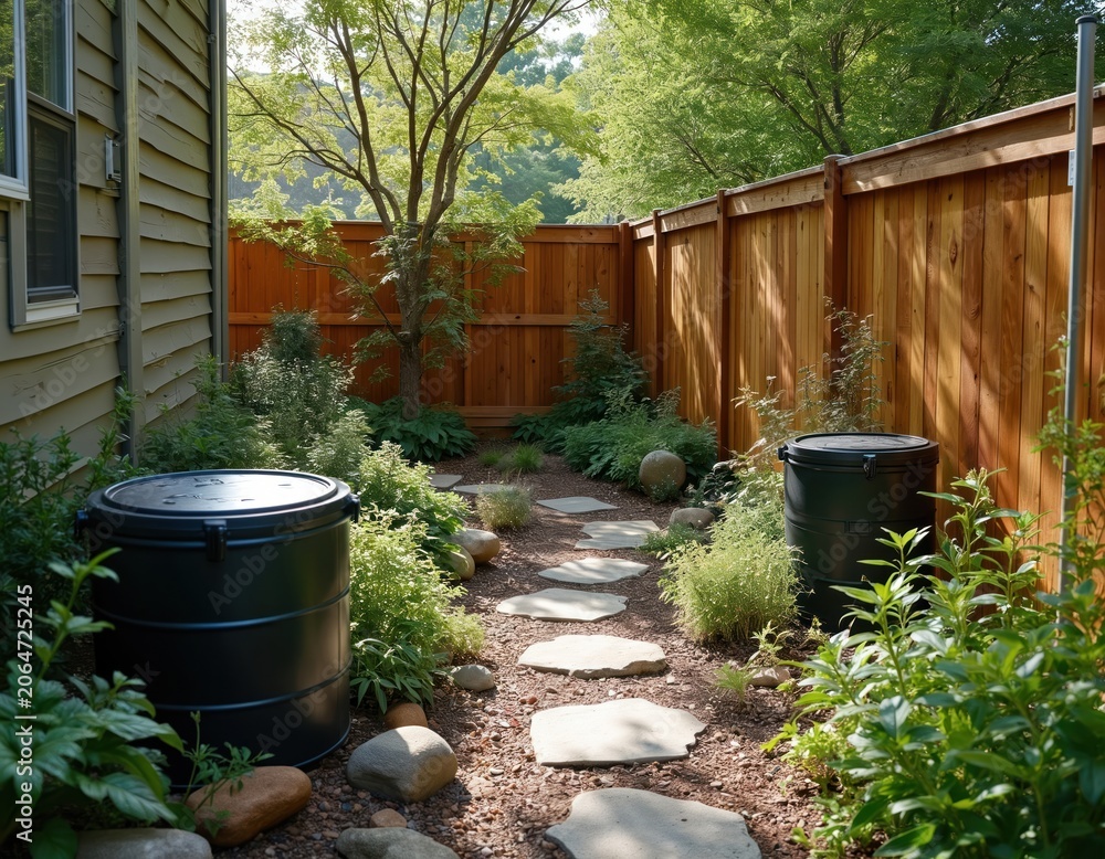 Obraz premium Eco-friendly backyard with wooden fence and rainwater barrels. Green plants and stone pathway through garden. Native plants and trees. Sustainable design for outdoor eco-conscious living.