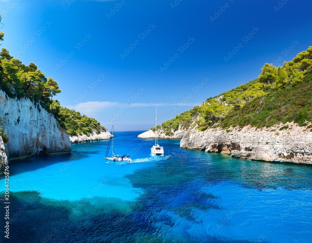 Obraz premium paxos island panorama with boat entering the grand canal