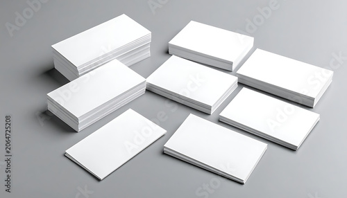 Collection of Blank White Paper Stacks and Sheets on a Gray Background