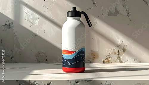 Colorful Water Bottle on a Sunlit Shelf with Abstract Background