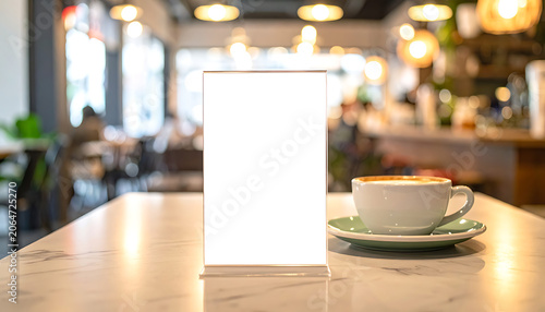 Cozy Cafe Scene Featuring Illuminated Menu and Coffee Cup on Table