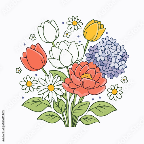 Colorful Hand-Drawn Bouquet of Assorted Flowers