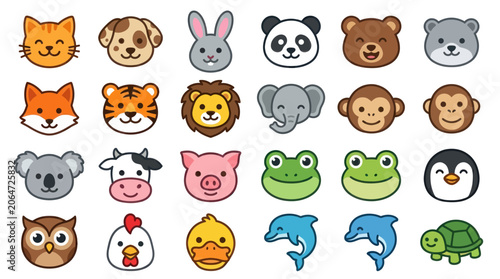 Photography Cute cartoon animal head icons for kids and stickers.