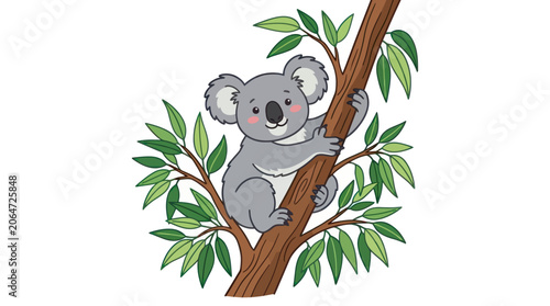 Photography Cute cartoon koala climbing a green eucalyptus tree branch.