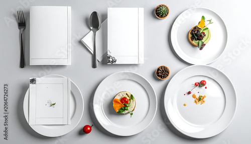 Elegant Table Setting with Gourmet Desserts and Minimalist White Plates