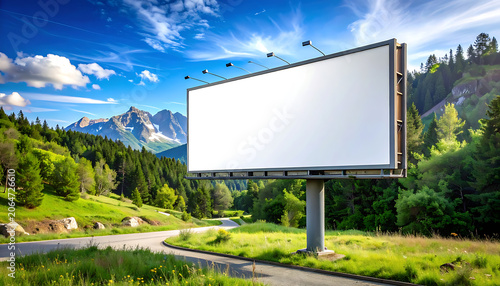 Empty Billboard Surrounded by Lush Green Landscape and Majestic Mountains