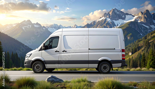 White Van Parked on Open Road with Majestic Mountains in the Background