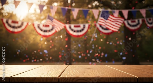 Wooden table with American flags and festive bunting