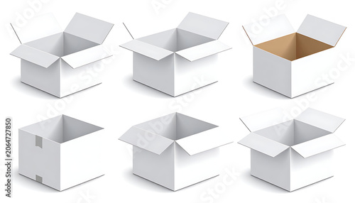 Variety of Open and Empty Cardboard Boxes with White Design for Packaging
