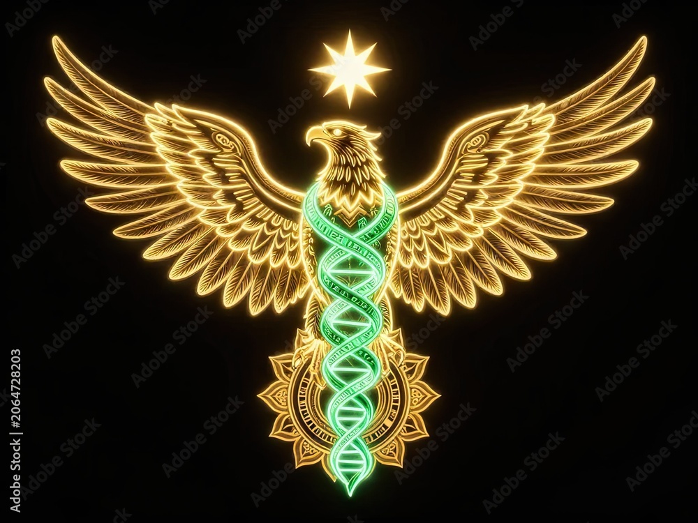 Fototapeta premium Golden phoenix entwined with DNA helix