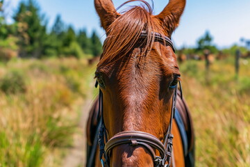 Athletic Rider Skillfully Navigating a Majestic Trail on a Chestnut Horse Amidst Lush Green Hills and Clear Blue Skies