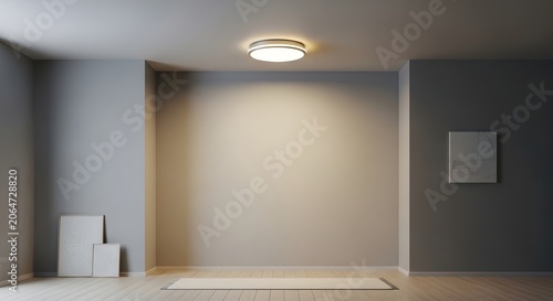 Modern empty minimalist living room interior featuring round ceiling light and rectangular wall art interior minimalist lighting