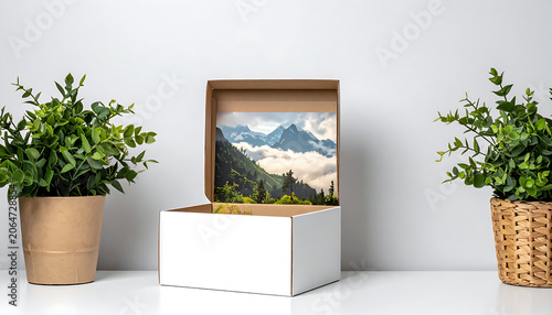 Mountain Landscape Scene Displayed in a Decorative Box with Indoor Greenery