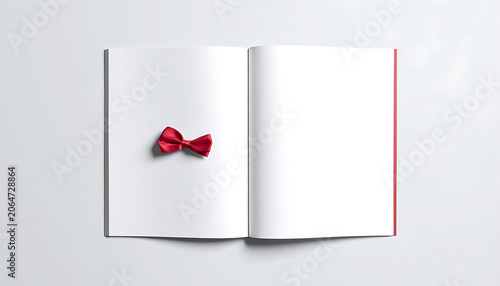 Open Blank Book with a Red Bow on the Page Against a White Background