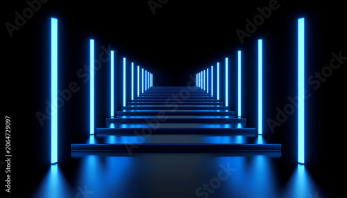 3d render, abstract blue neon background, glowing vertical lines, illuminated stairs, fashion podium, performance stage