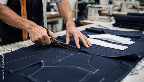 Tailor expertly cuts navy gabardine fabric for boys school blazers focusing on precision and durability in a professional garment workshop setting.