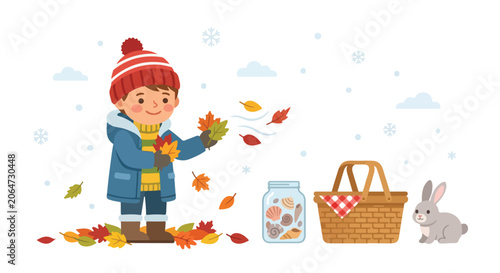 Konstfotografi A cheerful young boy in winter attire plays with colorful autumn leaves amidst snowflakes, next to a jar of shells, a basket, and a bunny