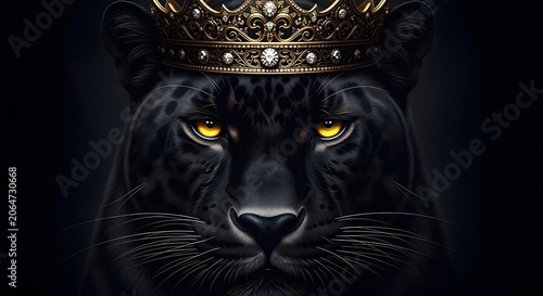 Majestic black panther wearing an ornate golden royal crown with majestic predator portrait strength wildlife ferocious artistic