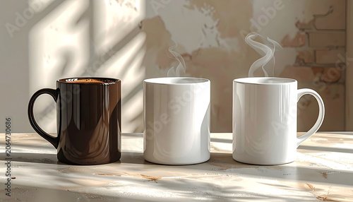 Three Coffee Mugs with Steam on a Sunlit Table in a Cozy Interior