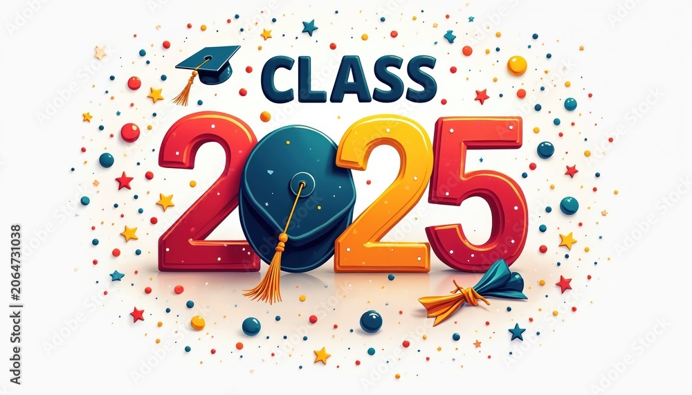 Fototapeta premium Class of 2025 graduation banner with colorful numbers and symbols. Confetti and stars create a festive celebration atmosphere. This image signifies academic achievement and future success.